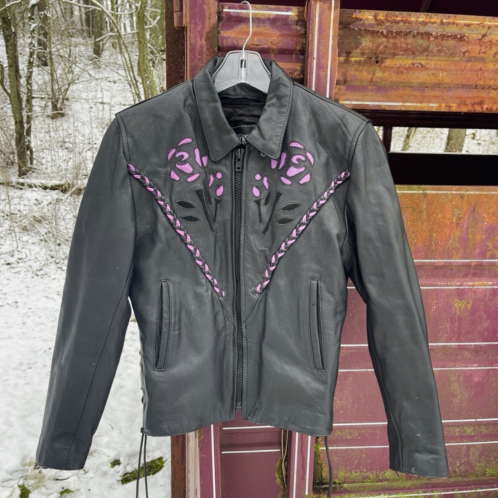 Black Leather Jacket with Purple Accents